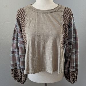 Patchwork Boho Cottagecore Plaid Balloon Sleeve 100% Cotton Cropped Top